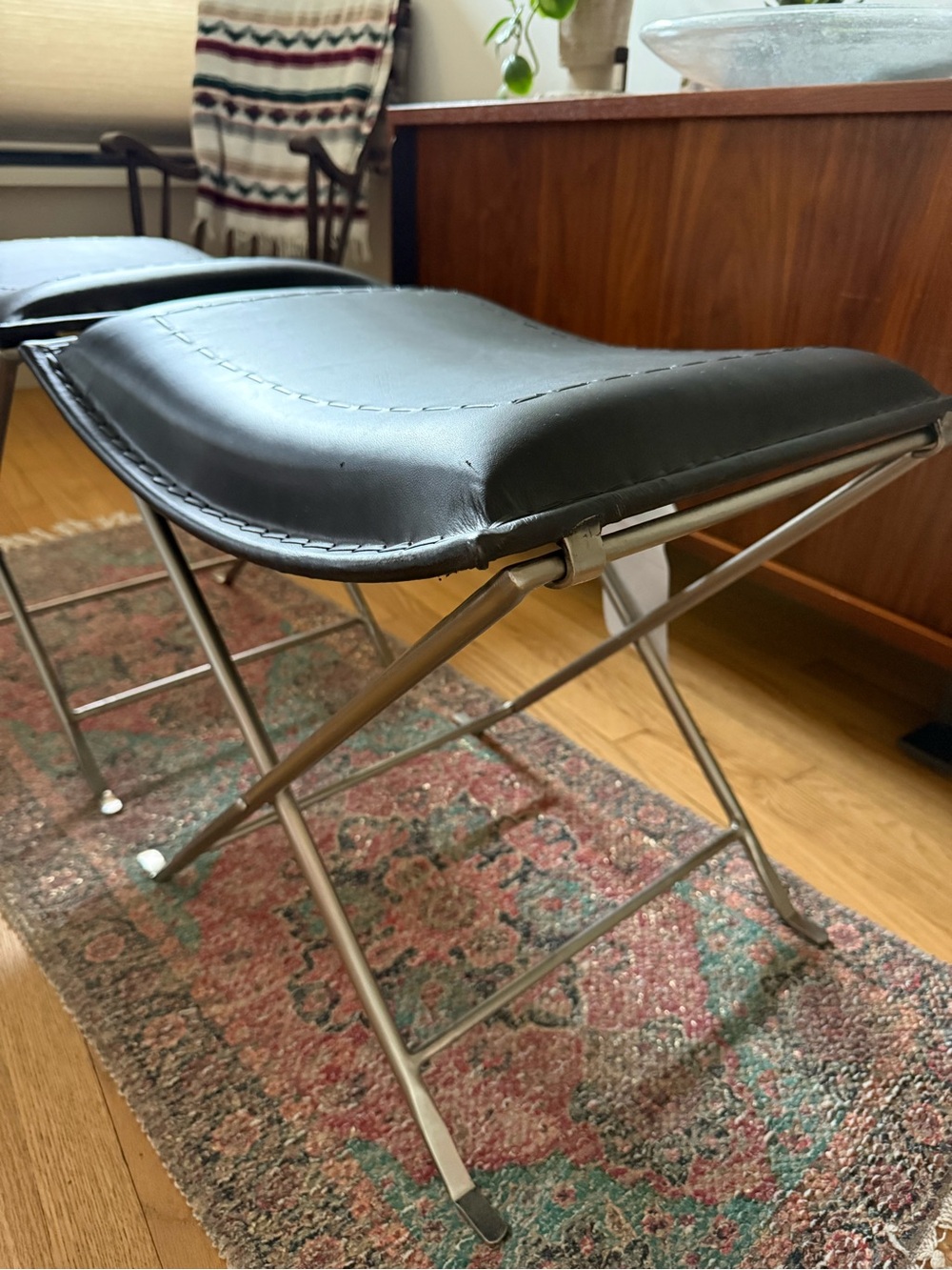 Black Leather Folding Stool with Padded Seat - Home Accents
